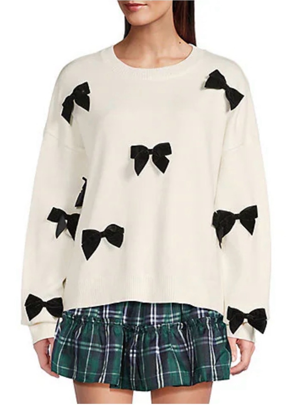 Women's Cream Crewneck Sweater with Black Bow Accents
